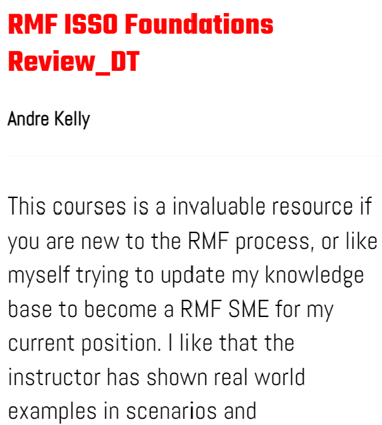 testimonial of risk management framework course from andre