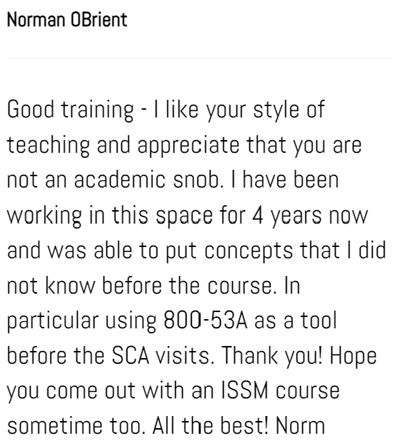 Norms testimonial of the Cybersecurity GRC training using 800-53a